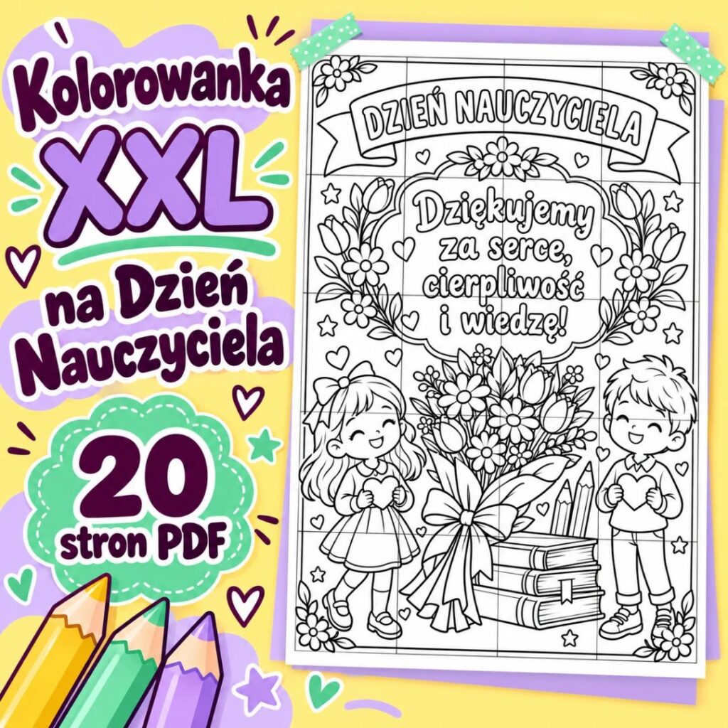 Kolorowanka XXL na Dzień Nauczyciela – plakat z 20 kartek do pokolorowania