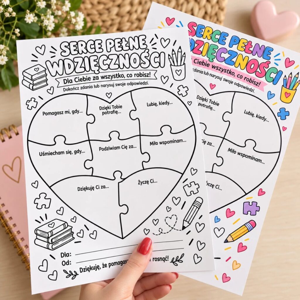Serce pełne wdzięczności – karta A4 z sercem z puzzli na prezent dla nauczyciela